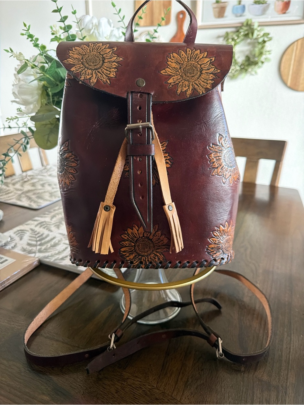 Handtooled Sunflower Leather Backpack - Brown